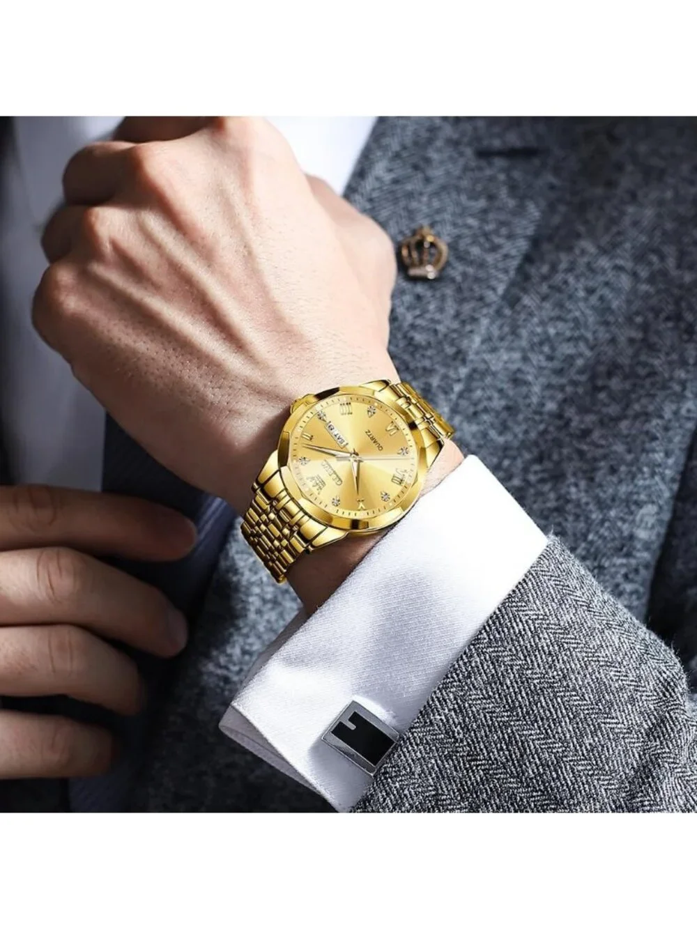 Men's All Gold Diamond Stainless Steel Analog Quartz Classic Waterproof Watch
